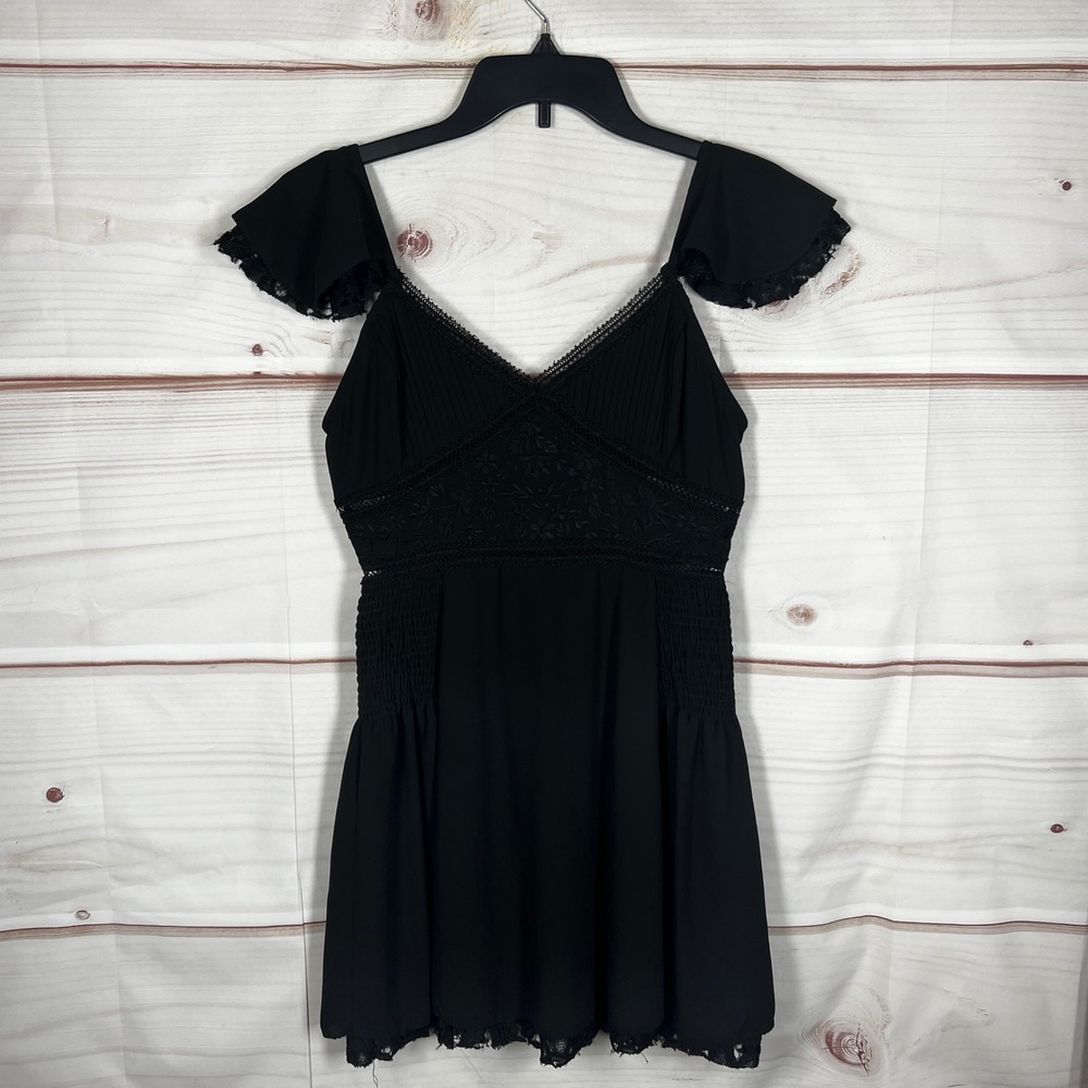 Love Sam Mini Dress Womens XS Black Lace Flutter Sleeve Embroidered Coquette